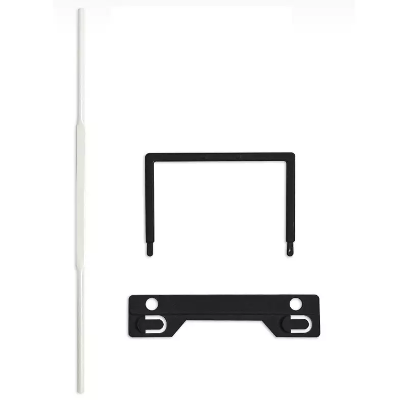 Plastic tube file fastener components showing compressor bar, U-clip, and tube for document binding.