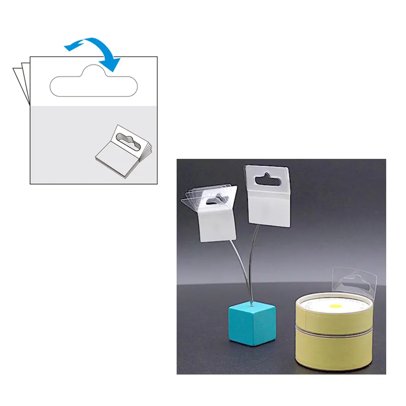 Flexible self-adhesive hang tabs in multi-piece format, applied to round product packaging for retail display; top-left shows flexible hang tabs illustration.