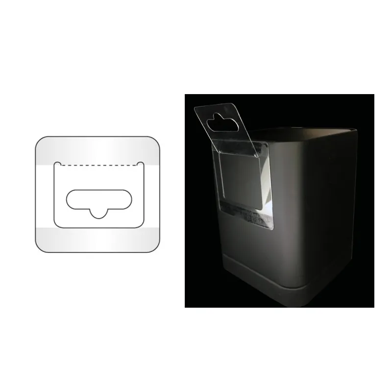 Self-Adhesive Foldable Hang Tabs 2 Application diagram and photo of clear PET self-adhesive Euro hole hang tabs attached to a retail box with fold-up display design.