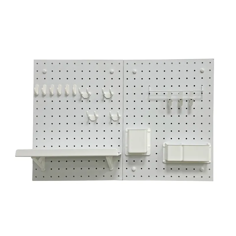 Modular pegboard wall organizer system with hooks, shelves, and storage bins for customizable wall organization and versatile home storage.